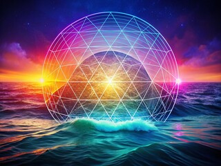 Poster - Abstract Geometric Grid Double Exposure Stock Photo: Circles, Lines & Ocean Waves