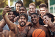 © peopleimages.com - Happy people, basketball and selfie with friends on court for photography, picture or memory together. Group, team or players with smile for capture, moment or social media post on sports ground