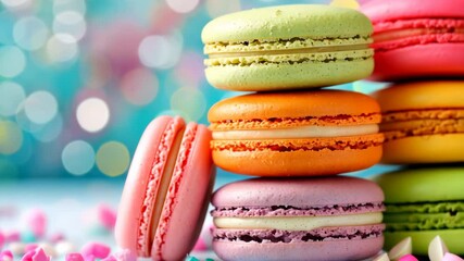 Poster - Stack of colorful macarons on a blue background. The macarons are arranged in a pyramid shape, with the pink one at the bottom and the purple one at the top. The other two macarons are in between