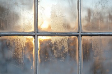 Wall Mural - Frozen window panes illuminated by bright golden sunlight outside