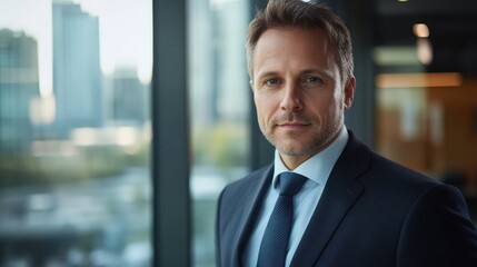 A confident middle-aged businessman poses for a portrait in an urban office environment, showcasing professionalism and leadership with a modern city backdrop.