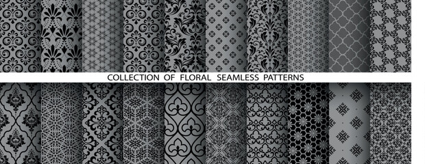 Wall Mural - Geometric floral set of seamless patterns. Gray and black vector backgrounds. Damask graphic ornaments