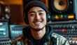 © dgpatel - Young handsome Asian rapper smile at sound engineer studio, Generative AI