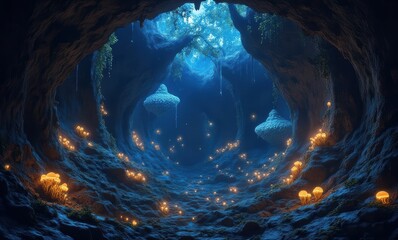 Poster - Enchanting cave with glowing mushrooms