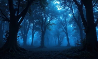 Poster - Mysterious blue fog in a dense forest