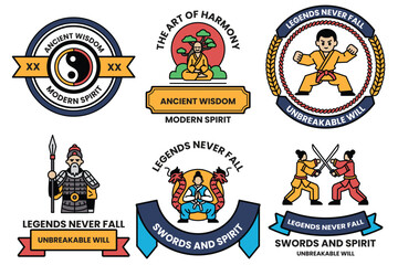 Wall Mural - set of illustrations in the concept of chinese warriors in a line style