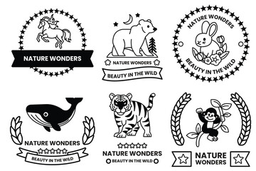 Wall Mural - set of illustrations in the concept of wild animals in line art style