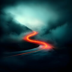 Poster - Mesmerizing technological landscape with a glowing curving path winding through misty ethereal mountains showcasing the dynamism and beauty of digital innovation and the aesthetic  This captivating