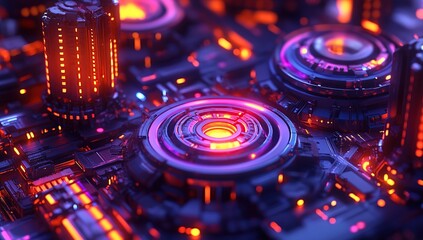 Poster - cyberpunk cityscape: neon lights illuminate futuristic structures with glowing details, advanced tec