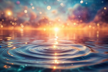 Wall Mural - Serene Water Ripples at Sunset with Glowing Lights Reflecting on the Surface