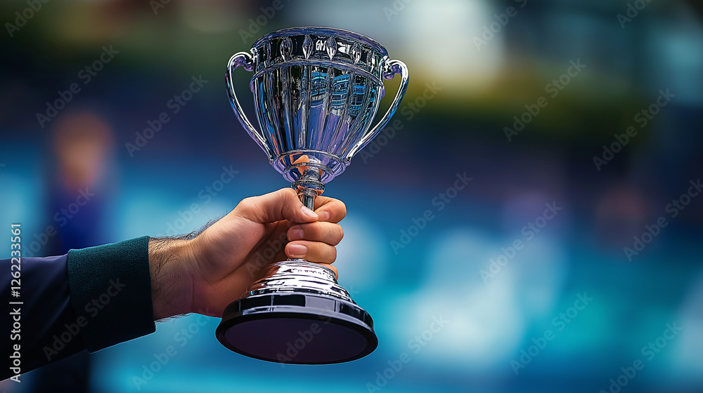 Minimalist composition of a tennis champion’s hand gripping the trophy ...