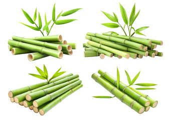 Wall Mural - Set of fresh green bamboo stalks with leaves, isolated on transparent cutout background