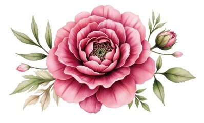 Canvas Print - Pink peony flower with green leaves