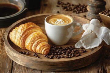 Wall Mural - A cozy breakfast with a flaky croissant and cappuccino art on a wooden tray with beans.