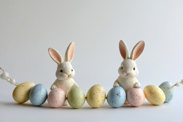 Poster - Festive Easter decoration featuring two white bunny figures and a garland of pastel speckled eggs against a white backdrop