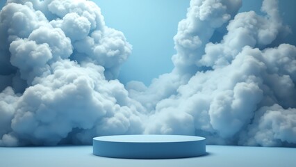 Aufkleber - Blue background with a product podium surrounded by blue clouds. Smoke, fog, steam background