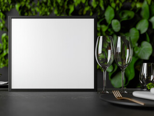 Minimalist restaurant design featuring blank frame and elegant glassware