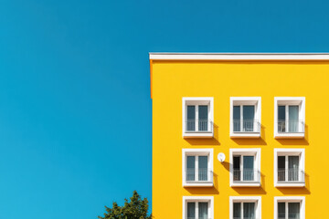 Yellow building facade with white balconies under blue sky