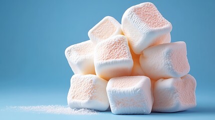 Poster - Pile of marshmallows on a blue background. The marshmallows are white and pink