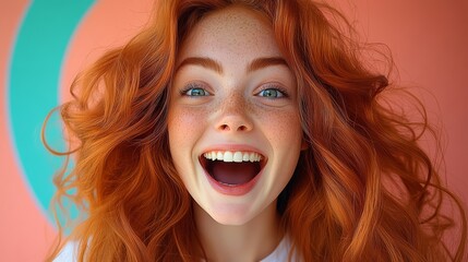 Wall Mural - Woman with red hair and blue eyes is smiling and laughing. She has a lot of hair and is wearing a white shirt