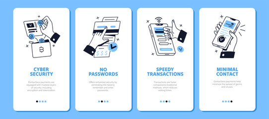 Poster - Designs of banking app onboarding set. Templates of welcome walkthrough screens of contactless cashless payment application. Paying with digital money by phone. Flat isolated vector illustrations