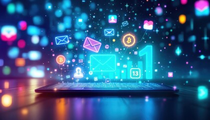 Fototapete - Digital communication and cryptocurrency concept with neon icons and futuristic background