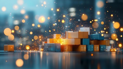 Poster - Dynamic cargo stacking and unstacking event in urban warehouse 3d visualization nighttime futuristic concept of logistics management
