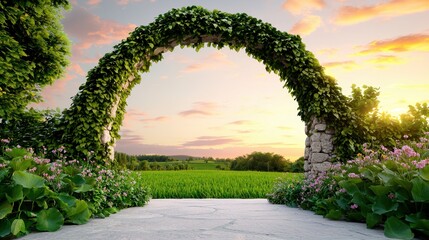 Wall Mural - Stone Archway Covered in Lush Green Ivy Overlooking a Peaceful Sunset