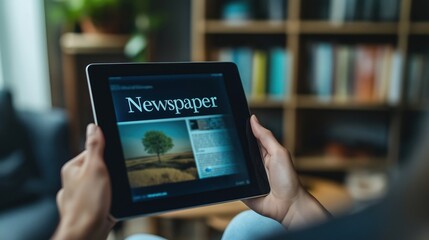 person holding a tablet with the word  News on the screen. The person is sitting on a couch and is holding the tablet in their hands. The background is blurred 