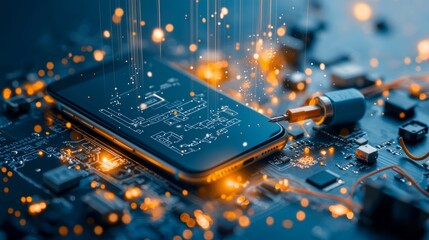 Poster - Innovative smartphone technology showcases circuit board integration electronics lab digital art high-tech environment close-up view futuristic concepts