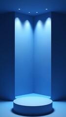 Poster - Interior corner wall room blue 3d background of abstract window light stage scene or empty product studio showroom display and blank presentation podium pedestal platform
