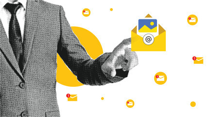 Poster - Email Marketing Design in halftone style with yellow circles and open message, advertising through email concept backdrop, editable vector. Man touching from the side. 