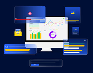 Poster - Digital marketing concept design with modern advertisement shapes and analytics showing on the screen, background. Campaigns and ads design illustration on the computer screen
