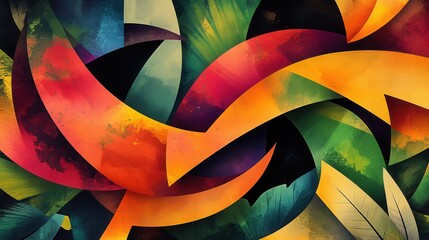 Poster - Vibrant Abstract Design with Colorful Curved Shapes and Leaves