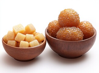 Poster - Assorted Sweet Treats in Wooden Bowls Featuring Glossy Laddoo and Sugar Cubes Perfect for Dessert and Snack Presentation in a Bright Setting