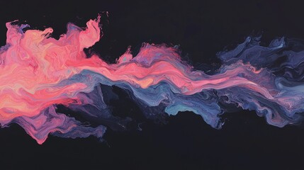Poster - This 3D render presents an abstract, curved wave with a fluid, holographic, and iridescent purple hue, positioned against a dark background and intended for use as a gradient design element in