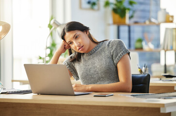 Poster - Headache, business and woman with laptop, tired and overworked with fatigue, email and bankruptcy. Person, consultant and employee with pc crash, migraine and frustrated with stress and mistake