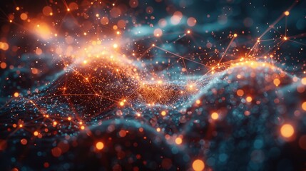 Fototapete - Abstract digital landscape with glowing orange and blue light particles