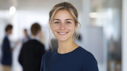 Wall Mural - Blond businesswoman wearing blue smart-casual smiling at office activity