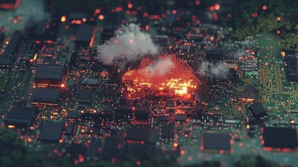 Poster - A digital illustration of cloud computing is depicted as a radiant cloud floating above an intricate network of circuits, signifying the seamless exchange of data and rapid technological progress