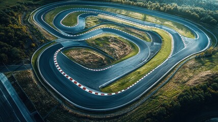 Wall Mural - this aerial shot captures an empty racing track featuring a complex chicane. the smooth asphalt curv