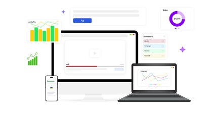 Poster - Digital Marketing and advertising concept design 4k Animation with analytics on the devices, computer and laptop. Online advertising, conversions, seo, stats, roi, sales tracking