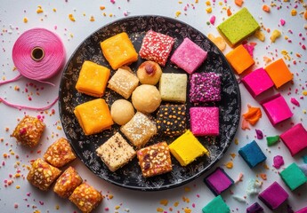 Wall Mural - Colorful Assortment of Indian Sweets and Desserts on a Black Plate Surrounded by Vibrant Decorative Elements and Thread in a Bright Setting