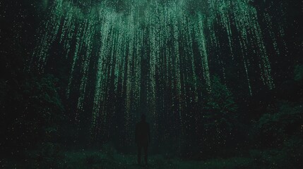 Poster - A visually striking backdrop featuring vibrant green rain-like patterns that evoke a matrix or code aesthetic in digital form