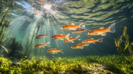 Wall Mural - Vibrant orange fish swimming gracefully in clear blue ocean waters under bright sunlight