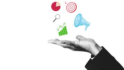 Poster - Digital marketing in halftone and vintage style with shapes floating over the hand, 4k animation with copy space. Leads, sales, retro, human.