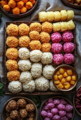 Wall Mural - Colorful Assortment of Traditional Sweet Treats on a Rustic Wooden Tray with Tropical Fruits and Delicacies for Cultural Festivities and Celebrations