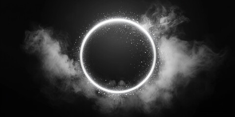 Poster - Silver ring frame with glowing glitter and sequins, empty space for texts and images, monochrome wallpaper with illuminated circle.