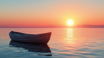 Wall Mural - Sunset reflections on a serene lake with a wooden boat drifting peacefully