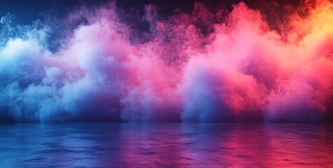 Poster - In a dimly lit chamber with bare walls, neon lighting casts eerie hues; a haze of blue and pink smoke lingers, illuminated by an ultraviolet glow